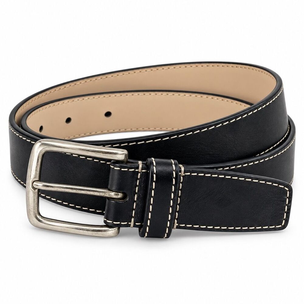 Talbots Black Genuine Leather Contrast Stitch Belt Large Made in Italy 6445